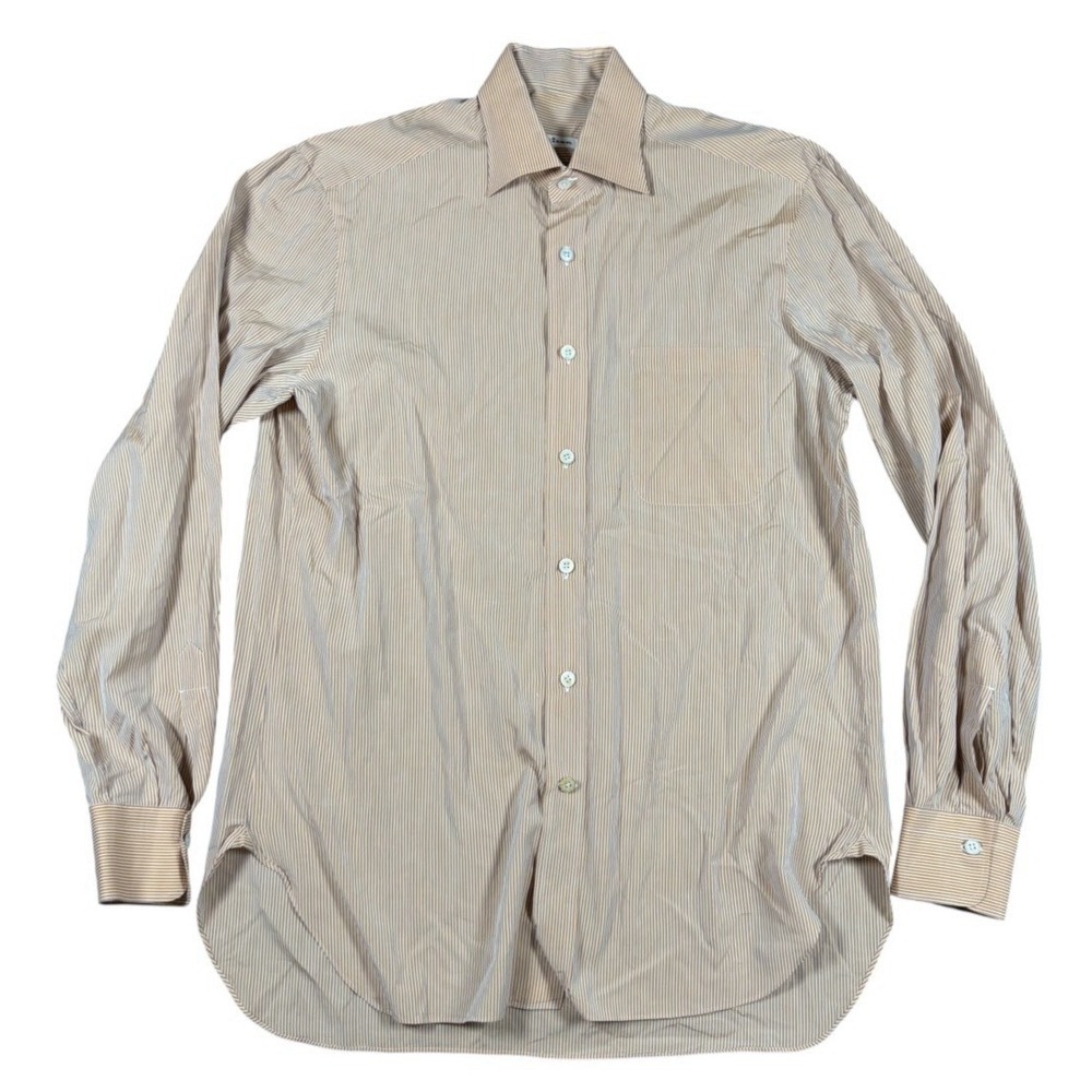 Kiton 15.5-39 100% Cotton Light Pink Peach Striped Button Down Shirt Italy Made